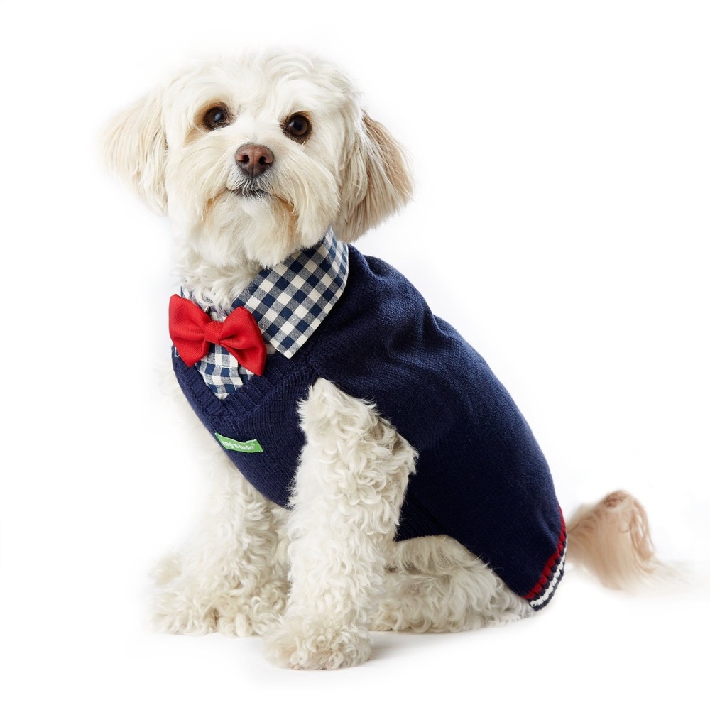 Wag-a-tude Navy Gingham Collar With Bowtie Sweater